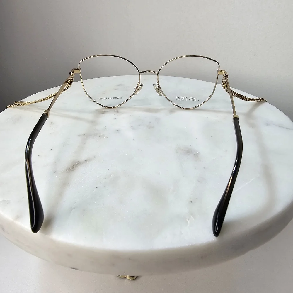 JIMMY‎ CHOO 52 MM gold-toned women's eyeglasses frames with removable chain.